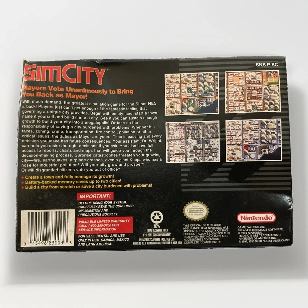 1991 SimCity Sim City (Super Nintendo SNES) Complete in Box CIB